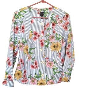 Rafaella Size Medium M Blue Stripe Seersucker Floral Flower Print Blazer Button